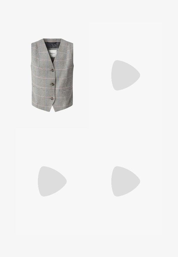 Gråternet vest med V-hals, der har blå og pink striber, tre brune knapper og to sidelommer. Tekstureret stof.; Hvid langærmet skjorte med knapper, krave og brystlomme, afslappet pasform, ensfarvet design og standard manchetter.; Mørkeblå og grøn plisseret nederdel med tartanmønster og lynlåslukning bagpå.; Sorte læder loafers med en glat tekstur, rund tå og sølvfarvet hardware detalje på overdelen. Flade såler for komfort.