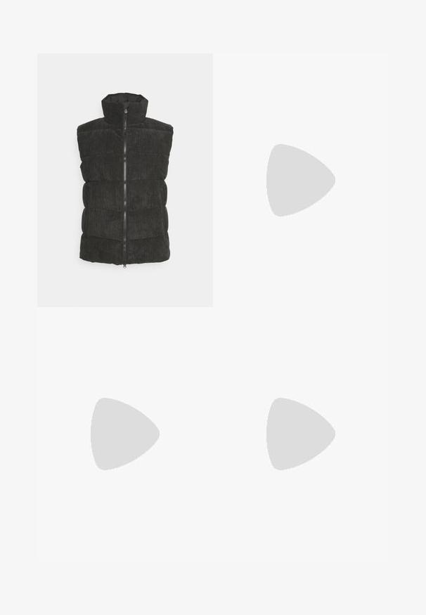 Save the duck EURYOPS - Waistcoat - black; Black long-sleeve turtleneck sweater with ribbed cuffs and hem, made from a soft knit fabric.; Black chinos made of lightweight cotton fabric, featuring a straight-leg cut, side pockets, and a button closure at the waistband.; Black suede shoes with a rounded toe design, a lace-up front, and a textured black rubber sole. Smooth upper with subtle stitching detail.