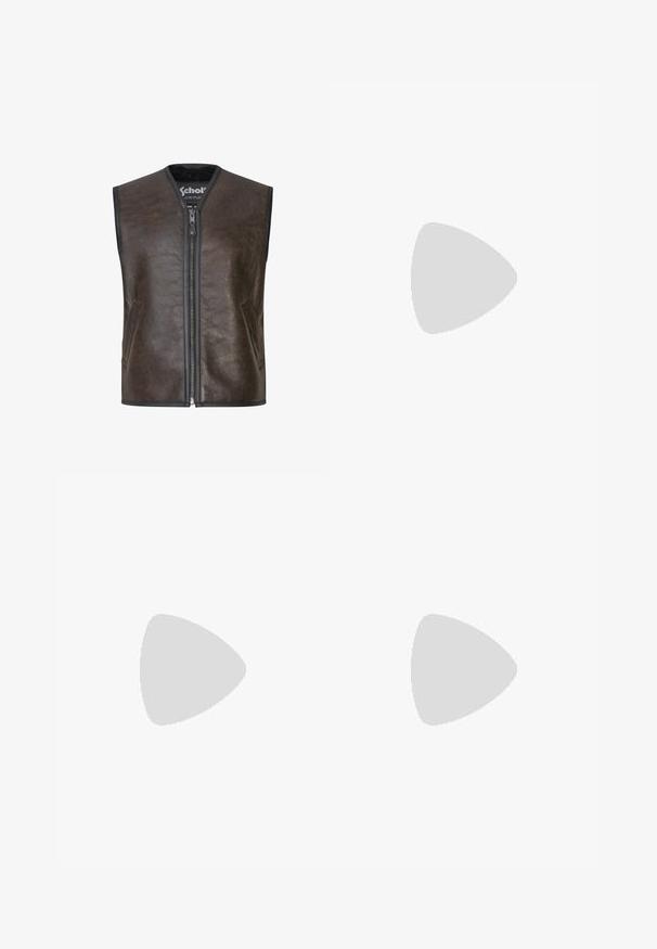 Samsøe Samsøe Veste sans manches - dark brown crackled; T-shirt en coton vert clair avec un col rond, des manches courtes et un petit logo Calvin Klein imprimé en une teinte plus foncée sur la poitrine.; Jean en denim bleu clair avec une coupe droite, cinq poches et une fermeture à bouton. Détails de couture près des poches et de la taille.; Bottes noires en cuir à talon arrondi, avec un design à lacets et une languette à l'arrière. Tige texturée et semelle en caoutchouc.