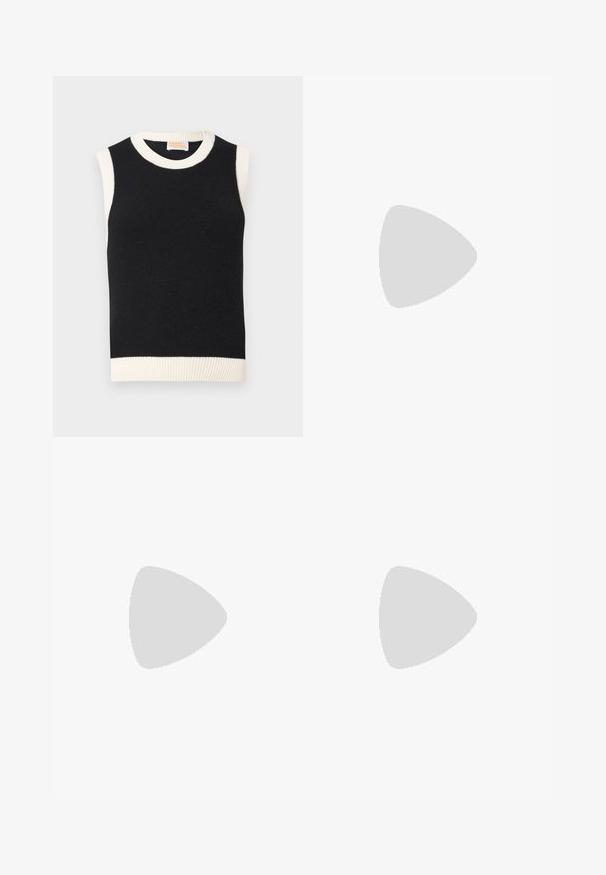 Top en tricot sans manches noir avec un col côtelé blanc, des bords de manches et un ourlet, étiqueté "From Future".; Chemise beige à manches longues avec des boutons, ornée de passepoils noirs sur le col et les poignets, décorée de motifs floraux en sequins bruns et dorés.; Jupe crème plissée avec fines rayures verticales, dotée d'une ceinture élastique douce. Fabriquée en tissu léger pour le confort.; Talons en cuir verni noir avec un bout pointu, des sangles de cheville ajustables et un talon fin. Texture lisse avec une finition brillante.