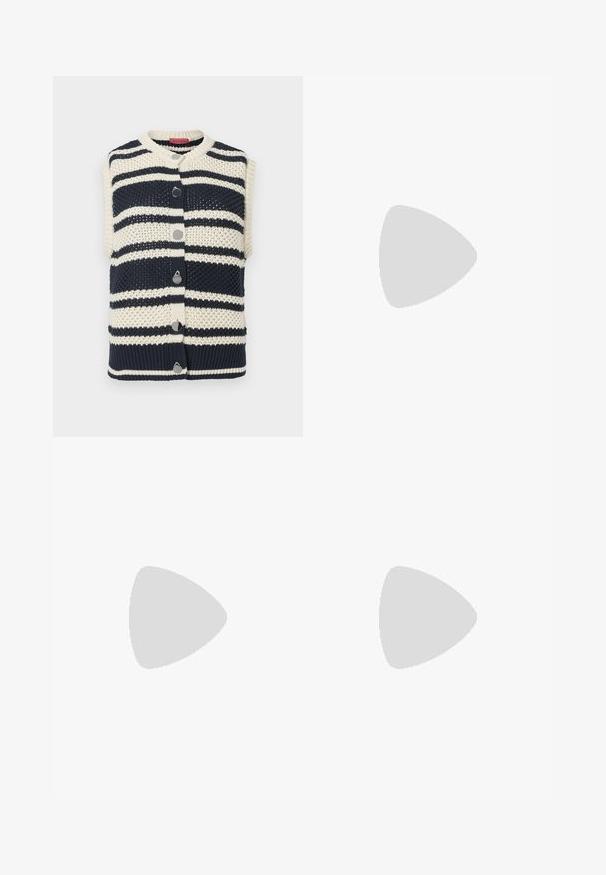 Déhanché tricot sans manches avec des rayures bleu marine et ivoire, présentant un col rond, six boutons en métal argenté et un détail de bord côtelé.; Haut à manches courtes en maille côtelée couleur rouille avec encolure ronde, silhouette ajustée et texture subtile.; Pantalons larges en tissu beige doux avec une finition texturée, dotés de poches avant, de passants de ceinture et d'une fermeture à bouton unique.; Ballerines en cuir noir avec un bout rond, texture lisse, détails de couture minimalistes et design de semelle flexible.