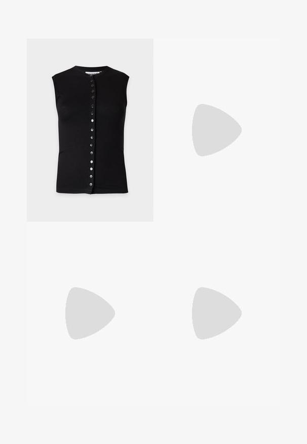 Sleeveless black top with a round neckline and a vertical row of buttons down the front on a plain light background.; Sleeveless dress with a pink plaid button-up top and a brown plaid skirt with a tied waist detail, displayed on a plain background.; Legs wearing dark ribbed leggings paired with black ballet flats featuring small bow details on a white background.; Black leather shoulder bag with a buckle strap detail, curved edges, and contrasting white stitching on a plain background.