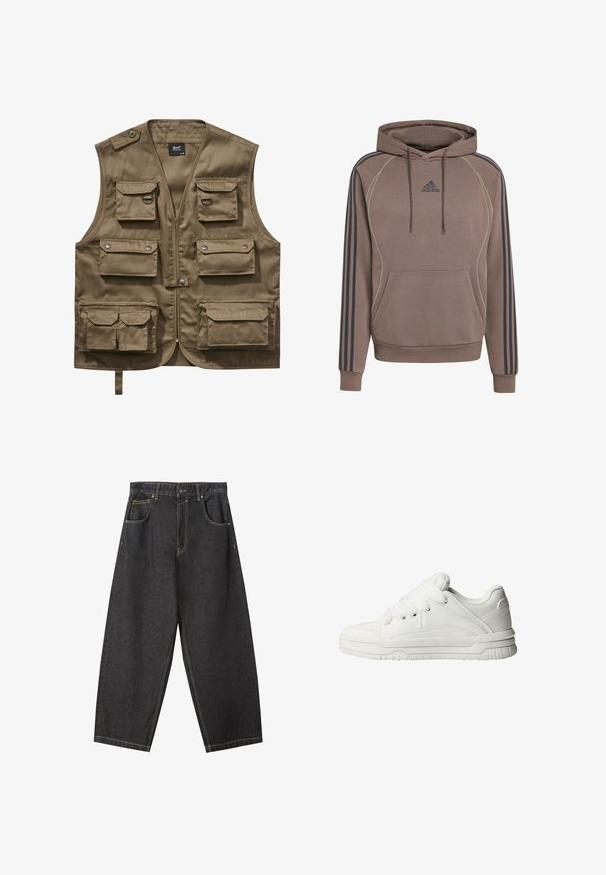 Chaki Utility-Weste aus strapazierfähigem Stoff, mit mehreren Fronttaschen mit Klappen, Reißverschluss und verstellbarem Nackenriemen.; Brauner Adidas-Hoodie mit einer Fronttasche, Kapuze mit Schnürung, blauen Streifen an den Ärmeln und kontrastierenden Nähten. Weicher Stoff.; Schwarze Denim-Hosen im Weitbein-Design mit gelben Nähten, fünf Taschen und einem mittelhohen Bund. Texturiertes Material mit glatter Oberfläche.; Weiße Sneaker mit glattem Lederobermaterial, gepolstertem Zungenbereich, flachen Schnürsenkeln und strukturierten Akzenten an den Seiten und der Ferse.