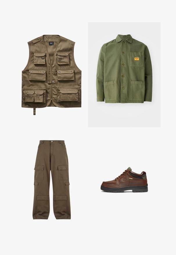 Khaki utility vest lavet af holdbart stof, med flere frontlommer med klapper, lynlåslukning og justerbar halsrem.; Oliven grøn jakke lavet af tung bomuld, med en spids krave, frontknapper og to store påsætningslommer. Inkluderer et lille logo patch.; Cargo bukser i olivengrøn bomuld, med flere sidelommer, knaplukning og afslappet pasform.; Brun lædersko med et klassisk design, der har snørelukning, grønne detaljer og en robust sort gummisål. GORE-TEX®-mærke synligt.