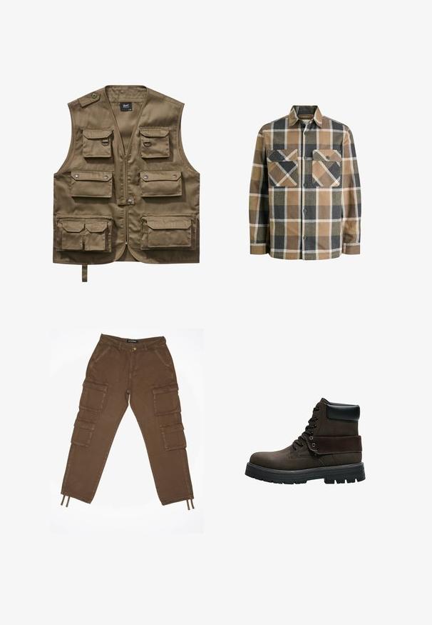 Khaki utility vest lavet af holdbart stof, med flere frontlommer med klapper, lynlåslukning og justerbar halsrem.; Ternet flannel skjorte med brune, beige og sorte mønstre. Har to brystlommer, knaplukning foran og en klassisk krave.; Brune cargo-bukser med flere lommer, lavet af robust bomuldsstof. Har en knaplukning og justerbare snore ved kanten.; Mørkebrun snørestøvle til anklen med sort polstret krave, tyk sort gummisål og foldet manchet-detalje.