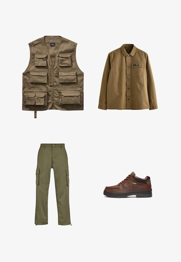 Khaki úžitková vesta vyrobená z odolného materiálu, s viacerými prednými vreckami s chlopňami, zipsovým uzáverom a nastaviteľným krčným popruhom.; Hnedá plátenná bunda s golierom, predným zapínaním na gombíky, dvoma vreckami na hrudi a textúrovanou tkaninou. Dizajn inšpirovaný armádou.; Olivové cargo nohavice so stright strihom, dvoma bočnými vreckami a zipsovými detailmi na manžetách. Vyrobené z odolného materiálu.; Hnedá kožená topánka s klasickým dizajnom, ktorá má šnurovanie, zelené akcenty a odolnú čiernu gumenú podrážku. Viditeľná značka GORE-TEX®.