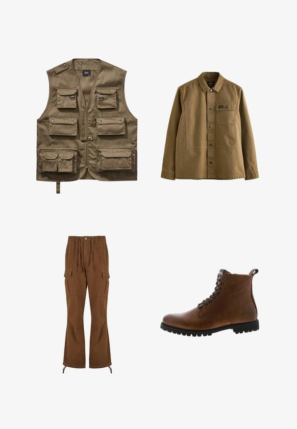Khaki utility vest lavet af holdbart stof, med flere frontlommer med klapper, lynlåslukning og justerbar halsrem.; Brun canvasjakke med krave, frontlukning med knapper, to brystlommer og struktureret stof. Militær-inspireret design.; Brune cargobukser med elastik i taljen, snoredetaljer, to sidelommer og bredere ben med justerbare kantbånd.; Brune læder ankelstøvler med tekstureret overflade, metaløjer og sort gummisål. Har en træktab bagpå for nem påtagning.