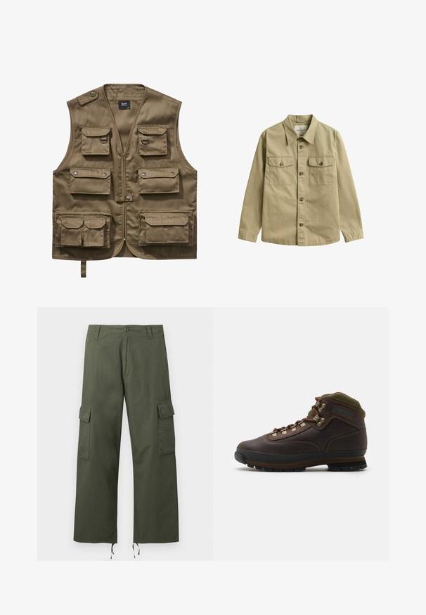 Khaki utility vest lavet af holdbart stof, med flere frontlommer med klapper, lynlåslukning og justerbar halsrem.; Khaki langærmet skjorte med knapper, krave og to forlommer med knapklapper.; Olivengrønne cargobukser med sidelommer med klap, knaplukning, bæltestropper og justerbare snore i de brede bukseben.; Brune læder vandrestøvle med grøn stofkrave. Har metal snørehuller, gummisål og struktureret sål til greb.