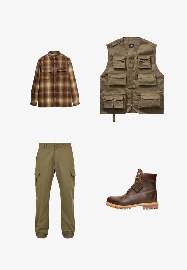 Khaki utility vest lavet af holdbart stof, med flere frontlommer med klapper, lynlåslukning og justerbar halsrem.; Brun og beige ternet langærmet skjorte med knapper, to frontlommer med klap og krave.; Grønne cargo bukser med lige pasform, lavet af bomuld, med sidelommer og knaplukning for funktionalitet. Glat tekstur, afslappet design.; Brun læder ankelstøvle med rund tå, solid sål, hardware i guldtone og en tekstureret overdel. Inkluderer et logo-tagfæstet.