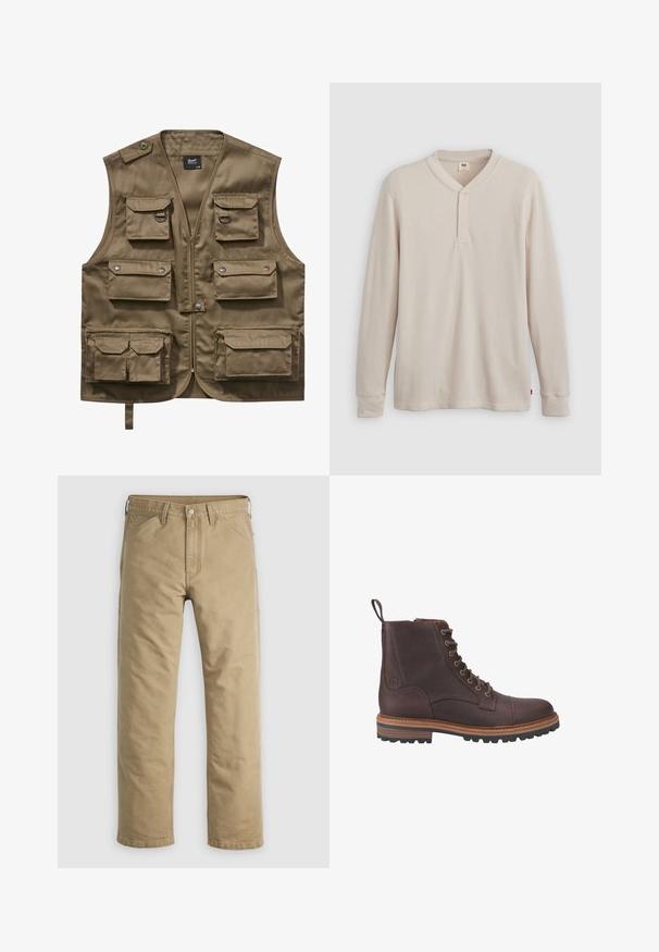 Khaki utility vest lavet af holdbart stof, med flere frontlommer med klapper, lynlåslukning og justerbar halsrem.; Langærmet henley-skjorte i lys beige ribbet stof, med V-hals, tre-knap placket og manchetter ved ærmerne. Rød logo-tags ved kanten.; Khakifarvede bomuldssbukser med lige ben, forlommer og knaplukning. Glat tekstur og forstærkede sømme for holdbarhed.; Brune læder støvler med snørebånd ved anklen, med en tekstureret overflade, kontrasterende beige såler og metaløjer. Har en trækflig for nem påtagning.