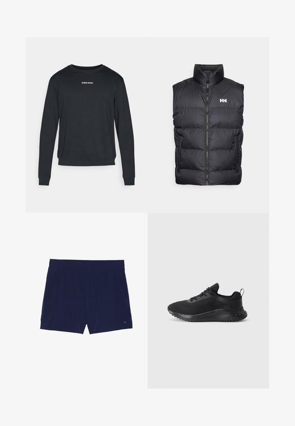 Chaleco acolchado negro con cuello alto, cierre frontal y dos bolsillos laterales. Presenta un diseño acolchado horizontal y un logo blanco en el pecho.; Sudadera negra de manga larga hecha de tela suave, con cuello redondo, puños acanalados y un logo blanco impreso en el pecho.; Bañadores azul marino hechos de tejido ligero, con una cinturilla elástica y dos bolsillos laterales para almacenamiento.; Zapatillas deportivas negras con parte superior de malla, diseño aerodinámico, suela redondeada y suela de goma texturizada con un pequeño logotipo en el lateral.