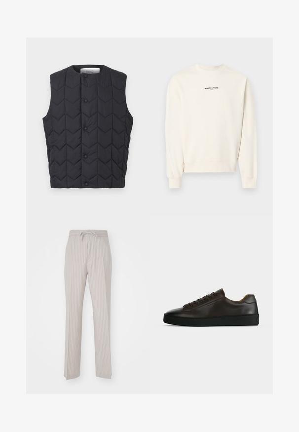 Chaleco negro sin mangas acolchado con cierre de botones a presión y patrón de costura en forma de chevron, con la etiqueta Maison Kitsuné en el interior del cuello.; Sudadera de color blanco roto de manga larga con cuello redondo y texto "MAISON KITSUNÉ PARIS" impreso en negro en el pecho.; Pantalones beige claros con rayas finas verticales, que cuentan con una cintura elástica y cierre de cordón. Tejido suave, diseño de pierna recta.; Zapatilla de perfil bajo de cuero marrón oscuro con suela de goma negra, cierre de cordones y diseño liso y minimalista sobre un fondo claro.