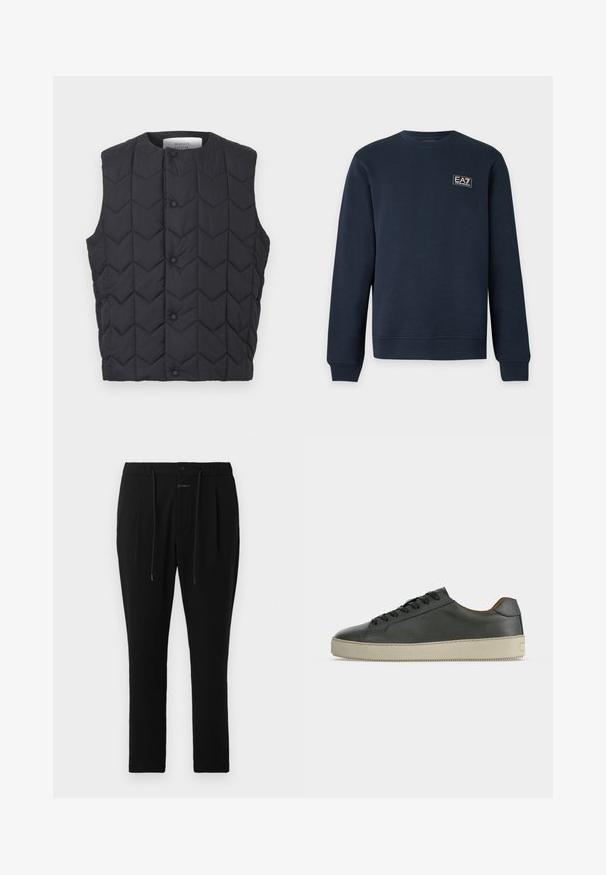Sort ærmeløs quiltet vest med trykknapslukning og chevron-syningsmønster, mærket Maison Kitsuné inde i kraven.; Marineblå langærmet sweatshirt med rund hals og ribkant på ærmer og kant, med et lille EA7 Emporio Armani-logo på venstre bryst.; CLOSED VIGO TAPERED - Chino - dark night; Lav top sort lædersneaker med sorte snørebånd og off-white gummisål, set fra den ydre side på hvid baggrund.