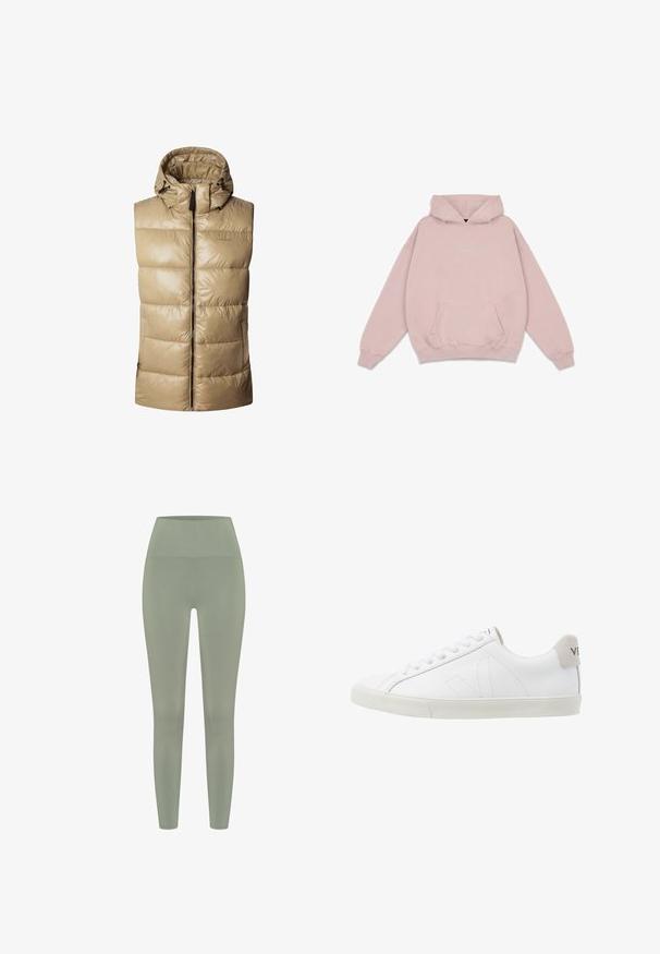 Tan puffer vest med hætte, med lynlås i front, vandret syninger og snoretræk. Glat, skinnende ydermateriale.; Lyserød hættetrøje med front-kængurulomme og diskret hvid tekstlogo centreret på brystet, lagt fladt på en hvid baggrund.; Højtaljede leggings i en lys grøn farve. Glat tekstur med et tætsiddende design, der snævrer ind ved anklen. Ingen synlige mønstre eller hardware.; Hvide lædersneakers med en struktureret off-white gummi sål. Funktioner inkluderer snørebånd, diskrete sømme og en grå ruskindsdetalje ved hælen.