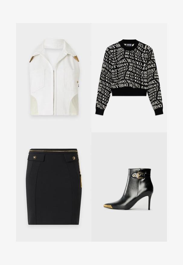 Chaleco sin mangas blanco con collar en punta, herrajes en tono dorado, dos bolsillos frontales y un panel beige en contraste en los laterales.; Suéter corto negro con texto blanco en espiral "VERSACE JEANS COUTURE". Cuello y puños acanalados, textura de punto, diseño minimalista.; Falda negra ajustada con bolsillos delanteros con solapa, botones decorativos en dorado y un cinturón delgado de cadena dorada con un borlas en el lado derecho.; Botín negro hasta el tobillo fabricado en cuero brillante, con punta puntiaguda, tacón de aguja y detalles dorados con una hebilla decorativa.