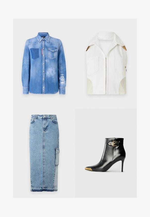 Veste sans manches blanche avec un col pointu, des accessoires en ton or, deux poches avant et un panneau beige contrastant sur les côtés.; Chemise en denim bleu clair avec une finition délavée. Dotée d'une poche plaquée, d'un col à bouton et du texte blanc "ICON" sur la manche.; Jupe en denim bleu clair, avec une coupe droite, fermeture à boutons sur le devant, poches latérales et un panneau en tissu contrastant distinct.; Bottine noire en cuir brillant, avec un bout pointu, un talon aiguille, et des accessoires dorés ornés d'une boucle décorative.