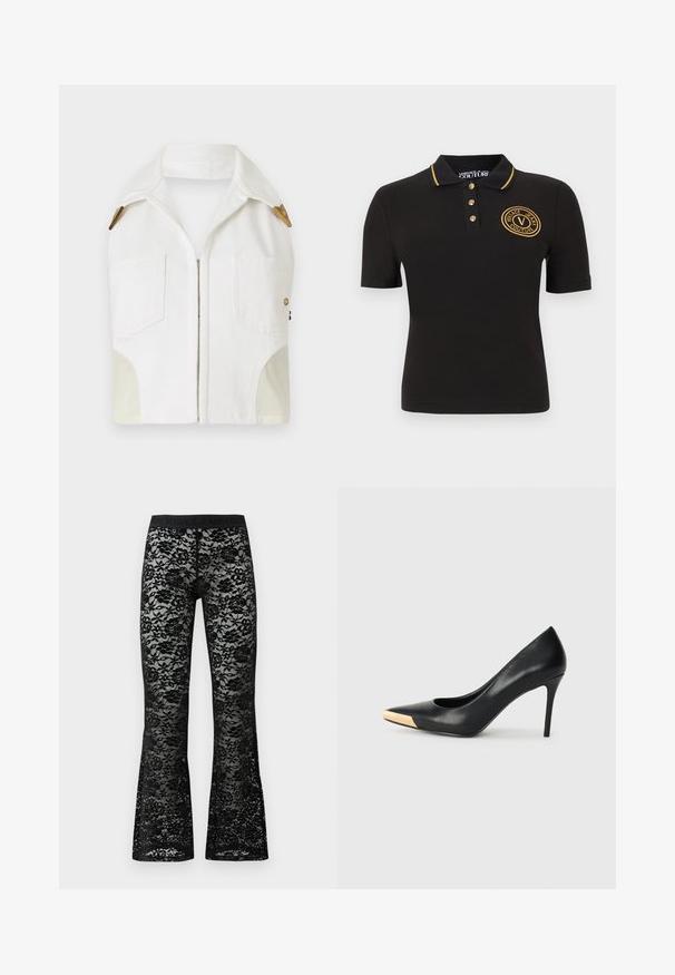 Hvid ærmeløs jakke med spidse kraver, guldfarvet hardware, to forlommer og et kontrasterende beige panel i siderne.; Sort kortærmet polo med guldtrimmet krave, guldknapper og gyldent broderet "Versace Jeans Couture"-logo på brystet.; Sorte blonde flared bukser med blomstermønster, elastisk sort talje, gennemsigtig tekstur og en tætsiddende silhuet.; Sort læder stiletter med spids tå; har et metalisk guldakcent på tåkapperne. Glat overflade med et strømlinet design.