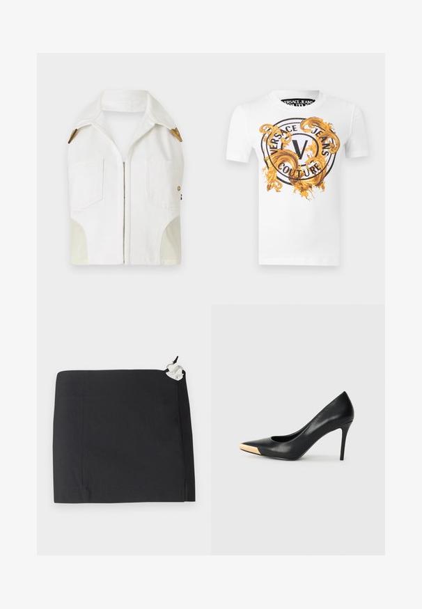 Witte mouwloze jas met een puntige kraag, gouden hardware, twee voorkruiszakken en een contrasterend beige paneel aan de zijkanten.; Witte korte mouwen T-shirt met een zwart circulair "Versace Jeans Couture" logo en sierlijke gouden barokke krullen aan de voorkant.; Zwarte rok met een slank ontwerp, rechte vorm en een gladde textuur. Inclusief een witte accenten met hardwaredetail aan de zijkant.; Zwarte leren hoge hak pump met een spitse neus; heeft een metallic gouden accent op de neuskap. Glad oppervlak met een stijlvolle vormgeving.