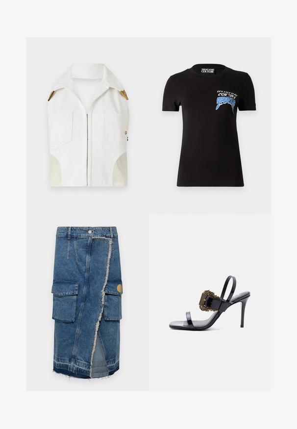 Hvid ærmeløs jakke med spidse kraver, guldfarvet hardware, to forlommer og et kontrasterende beige panel i siderne.; Sort bomulds T-shirt med korte ærmer, rund halsudskæring og et grafisk print med blå og hvid tekst på venstre side.; Denim midi-nederdel med to front cargo-lommer, frynset nederkant og rå kant. Har et klassisk fem-løbsdesign i mellemblå vask.; Sort lakeret læderhøjhælet sandal med tynde stropper og en stor, udsmykket guldbuckle på frontstroppen.