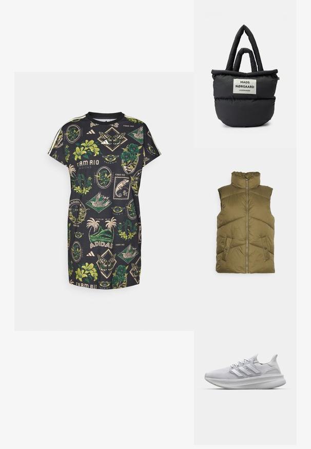 Vero Moda Tall VMUPPSALA WAISTCOAT - Bodywarmer - capers; adidas Sportswear FARM DRESS - Jerseyjurk - black/amazon green/preloved lime; Witte sportieve schoen met een gestructureerd mesh bovenwerk, driedimensionale zijstrepen en een dikke zool gemarkeerd met 'LIGHT BOOST.'; Zwarte fluffy totebag met dubbele hengsels met een gestikt ontwerp, een rechthoekig lichaam en een label aan de voorkant met de tekst "MADS NØRGAARD COPENHAGEN."