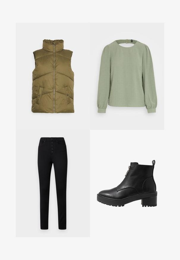 Vero Moda Tall VMUPPSALA WAISTCOAT - Vest - capers; Vero Moda VMPAMMI BLOUSE - Langærmet T-shirt - laurel wreath; Sorte højtaljede jeans med slim fit, der har fem knapper, fem lommer og en glat denimtekstur.; Sort læder ankelstøvle med lynlåslukning på siden, kraftig sort hæl og en struktureret sål for godt greb. Glat overflade med minimalt udsmykning.