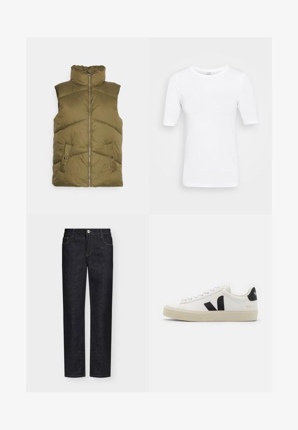 Vero Moda Tall VMUPPSALA WAISTCOAT - Vest - capers; Valge, kerge, veniv T-särk ümmarguse kaelusega ja lühikeste varrukatega, millel on sile tekstuur ja puuduvad nähtavad mustrid.; Sirge säärega mustad teksad esitaskute, vööaasade ja nööp-kinnitusega ühtlasel taustal.; Valge nahast teniseking, millel on must kummist V logo. Tekstuuriga heledat valget värvi tald, valged paelad ja tagakanna detail, millel on brändinimi mustas kirjas.