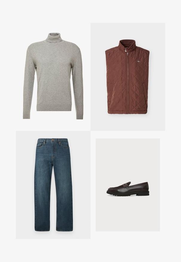 Veste matelassée marron avec col haut, fermeture éclair frontale et poches latérales. Léger, texture lisse, avec un motif discret en forme de losange.; Pull over gris avec un col haut et des manches longues. Fabriqué à partir d'un matériau lisse et doux, il possède une coupe ajustée et des accents côtelés au niveau de l'ourlet.; Jeans en denim droit bleu marine avec cinq poches, fermeture à bouton et passants de ceinture sur fond blanc uni.; Mocassin en cuir marron foncé avec dessus en daim, bride pour pièce, détails cousus et semelle épaisse en caoutchouc avec motif de bande de roulement, vu de profil.