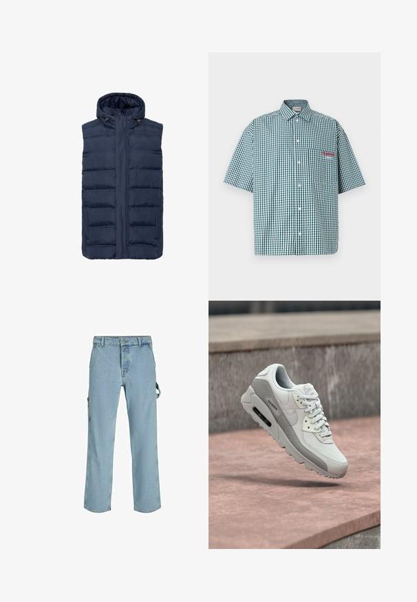 Chaleco acolchado azul marino con cuello alto y capucha ajustable con cordón. Presenta dos bolsillos laterales y un cierre frontal con cremallera. Textura de tela suave.; Camisa de manga corta en un patrón de cuadros a cuadros verdes y blancos. Presenta un cierre con botones, cuello y un bolsillo en el pecho con bordado rojo.; Pantalones cargo de mezclilla azul claro con un corte relajado, que cuentan con lazos de sujeción laterales y bolsillos frontales, mostrando una textura desgastada.; Zapatilla deportiva blanca y gris con detalles de malla y cuero flota sobre una superficie de piedra rosa y un fondo de hormigón gris.
