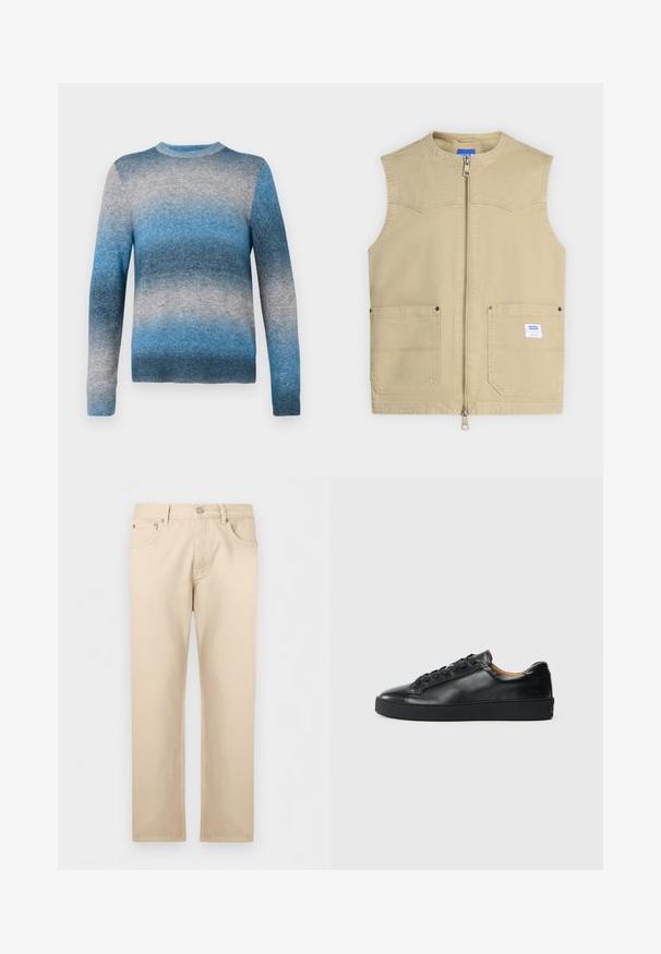 Beige ærmeløs vest med forreste lynlås, to forlommer og et lille mærke på højre lomme.; Blå gradient sweater lavet af blødt materiale, med rund hals, lange ærmer og ribbet kant. Farverne spænder fra lys til mørk blå.; Beige jeans med lige ben, foran med knap og lynlås, for- og baglommer, lagt fladt på en lys baggrund.; Sorte lædersneakers med en glat overflade, rund tå og snørebåndslukning. Har en tyk gummisål og minimal branddetalje.