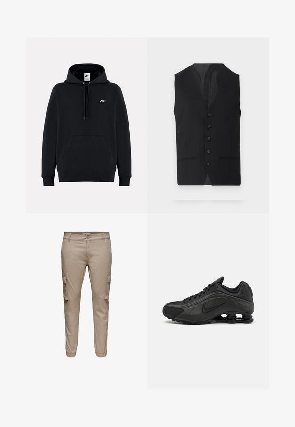 Zwarte vest met een gladde textuur, voorzien van zes knopen, twee zijzakken en een V-hals ontwerp. Geen mouwen en een strakke silhouet.; Zwarte Nike-trui met capuchon, voorvak, trekkoorden en klein wit Nike-logo op de linkerborst.; Beige slim-fit cargobroek met zijflappenzakken, knoopsluiting, riemlussen en elastische boorden bij de enkels.; Zwarte hardloopschoenen met een glad bovenwerk van synthetisch materiaal, geperforeerde accenten, gestructureerde zijpanelen en een opvallende veerkrachtige zool.