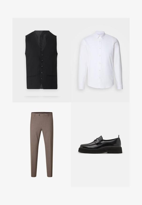 Chaleco negro con una textura suave, que presenta seis botones, dos bolsillos laterales y un diseño de escote en V. Sin mangas y con una silueta limpia.; Camisa blanca de manga larga y botonadura, hecha de una tela suave, con un cuello clásico, ocho botones en el frente y puños estándar.; Pantalones formales marrones de corte ajustado con botón y trabillas, mostrados sobre un fondo blanco.; Zapatos estilo mocasín de cuero negro con suela plana y texturizada, con puntera cosida y una correa a lo largo del empeine.