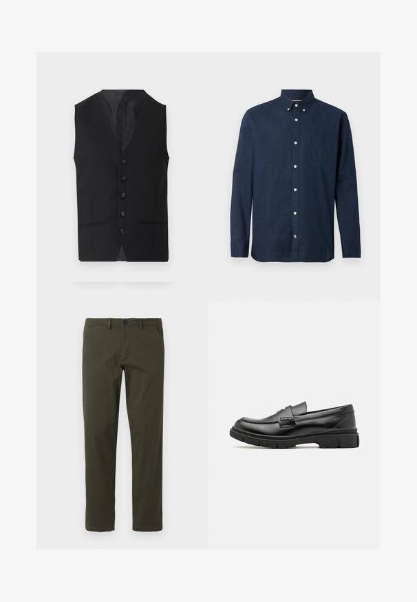 Chaleco negro con una textura suave, que presenta seis botones, dos bolsillos laterales y un diseño de escote en V. Sin mangas y con una silueta limpia.; Camisa de manga larga de color azul marino hecha de una tela ligera, con cuello de camisa, bolsillo frontal y botones blancos. Textura suave.; Pantalones rectos de color verde oliva, hechos de una mezcla de algodón. Cuentan con cremallera, trabillas para cinturón y dos bolsillos laterales. Textura suave.; Mocasin de cuero negro con una cinta ancha en el empeine, suela de goma con tacos gruesos y textura suave. Diseño clásico y elegante.
