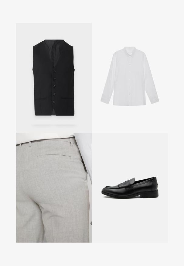 Chaleco negro con una textura suave, que presenta seis botones, dos bolsillos laterales y un diseño de escote en V. Sin mangas y con una silueta limpia.; Camisa blanca de manga larga hecha de tela suave, con cuello puntiagudo, cierre frontal de botones y puños de un solo botón.; Pantalones grises claros a medida hechos de tela texturizada, con un solo bolsillo trasero y costuras limpias.; Mocasín negro de cuero para hombre con detalle de borlas, punta redondeada, tacón bajo y acabado liso y pulido, mostrado de lado sobre un fondo blanco.