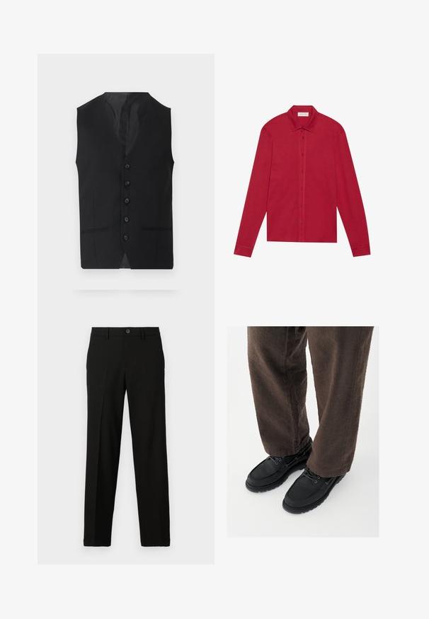 Chaleco negro con una textura suave, que presenta seis botones, dos bolsillos laterales y un diseño de escote en V. Sin mangas y con una silueta limpia.; Camisa roja de manga larga hecha de algodón. Presenta un cuello clásico, botones en la parte delantera y puños con una textura suave. Sin patrones ni acentos.; Pantalones negros de tejido suave, con un corte recto, cierre de botón en la cintura y sin patrones ni detalles visibles.; Zapatos de cuero negro con un acabado liso, punta redondeada y diseño con cordones, combinados con pantalones marrones texturizados. Vista desde abajo.