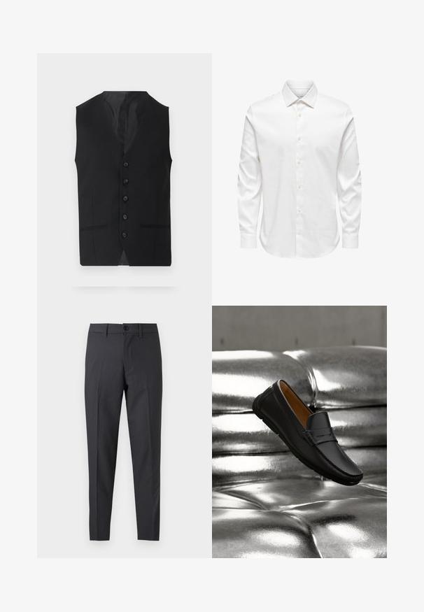 Chaleco negro con una textura suave, que presenta seis botones, dos bolsillos laterales y un diseño de escote en V. Sin mangas y con una silueta limpia.; Camisa de vestir blanca para hombre de manga larga con cuello puntiagudo y fila frontal de botones blancos sobre un fondo liso.; Pantalones de vestir ajustados de color gris oscuro con botón delantero y presillas para cinturón, mostrados planos sobre un fondo blanco.; Mocasín de cuero negro flotando sobre un sofá de cuero plateado brillante con botones y una iluminación suave.