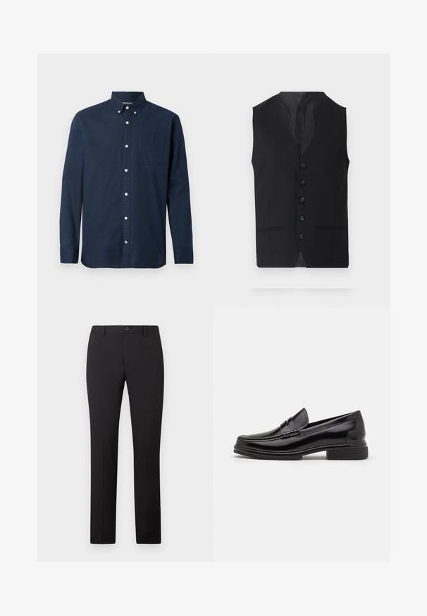 Schwarze Weste mit glatter Textur, ausgestattet mit sechs Knöpfen, zwei Seitentaschen und einem V-Ausschnitt. Ohne Ärmel und mit klarer Silhouette.; Navyblaues Langarmhemd aus leichtem Stoff mit Button-Down-Kragen, Brusttasche und weißen Knöpfen. Glatte Textur.; Schwarze, maßgeschneiderte Hose mit geradem Bein, ausgestattet mit Knopfverschluss und Gürtelschlaufen. Hergestellt aus glattem Stoff ohne sichtbare Muster.; Schwarze Lederloafers mit runder Zehenform, ausgestattet mit einer genähten Detail über dem Vorderschaft und einem niedrigen Blockabsatz. Glatte Textur und glänzende Oberfläche.