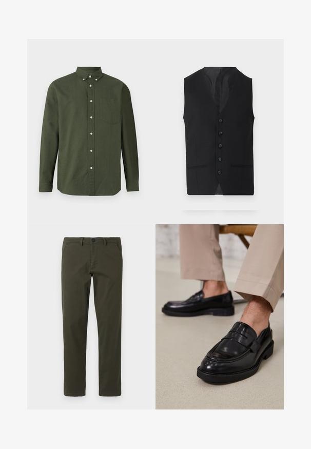 Zwarte vest met een gladde textuur, voorzien van zes knopen, twee zijzakken en een V-hals ontwerp. Geen mouwen en een strakke silhouet.; Donkergroen button-up shirt met lange mouwen, kraag, een enkele borstzak en witte knoopaccenten; gemaakt van een lichte stof.; Olijfgroene, rechte broek van katoenmix. Voorzien van een ritssluiting, ceintuurlussen en twee zijzakken. Soepele textuur.; Zwarte leren loafers met een gladde afwerking, voorzien van een decoratieve band en contrasterende stiksels, gecombineerd met beige broeken.