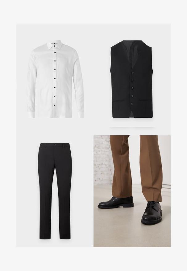 Sort vest med en glat tekstur, der har seks knapper, to sidelommer og en V-udskæring. Uden ærmer og med en ren silhuet.; Hvid langærmet skjorte med knapper i sort, klassisk krave og en glat tekstur, designet til en slank pasform.; Sorte skræddersyede bukser med lige ben, som har knaplukning og bæltestropper. Fremstillet i glat stof uden synlige mønstre.; Sorte læder sko med glat overflade og rund tå, der har snørebåndslukning og en lav, flad sål. Sammen med brune bukser.