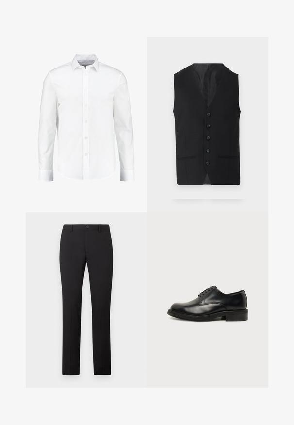 Gilet noir avec une texture lisse, doté de six boutons, de deux poches latérales et d'un design en V. Sans manches et avec une silhouette épurée.; Chemise blanche à manches longues à boutons, fabriquée en coton lisse. Dotée d'un col classique et d'une fermeture à boutons à l'avant avec un ourlet droit.; Pantalon noir sur mesure avec une coupe droite, doté d'une fermeture à bouton et de passants pour ceinture. Confectionné dans un tissu lisse sans motifs apparents.; Chaussure de ville pour homme en cuir noir poli avec laçage fermé, bout rond et petit talon sur un fond clair uni.