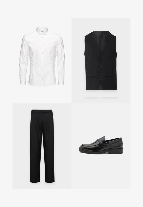 Svart vest med en glatt tekstur, med seks knapper, to sidelommer og en V-halsdesign. Uten ermer og med en ren silhuett.; Hvit langermet skjorte med knapper laget av glatt stoff. Har klassisk krage, frontknapper og mansjetter med én knapp. Slim fit-design.; Sorte bukser laget av glatt stoff, med rette ben, to frontfoldninger og standard liv med beltehemper.; Svarte skinnloafers med glatt finish, rund tå, lav hæl og dekorativ søm langs fronten. Gummisåle for grep.