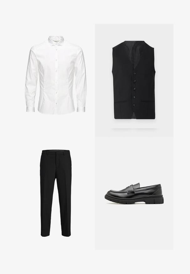 Gilet noir avec une texture lisse, doté de six boutons, de deux poches latérales et d'un design en V. Sans manches et avec une silhouette épurée.; Chemise blanche à manches longues avec boutons, fabriquée dans un tissu lisse. Dotée d'un col classique, de boutons sur le devant et de poignets à un bouton. Design ajusté.; Pantalons noirs en tissu lisse, présentant une coupe droite, des passants de ceinture et un devant plat sans motifs ni embellissements visibles.; Mocassin en cuir noir avec une large sangle sur le devant, semelle en caoutchouc à épaisse rainure, et texture lisse. Design classique et élégant.