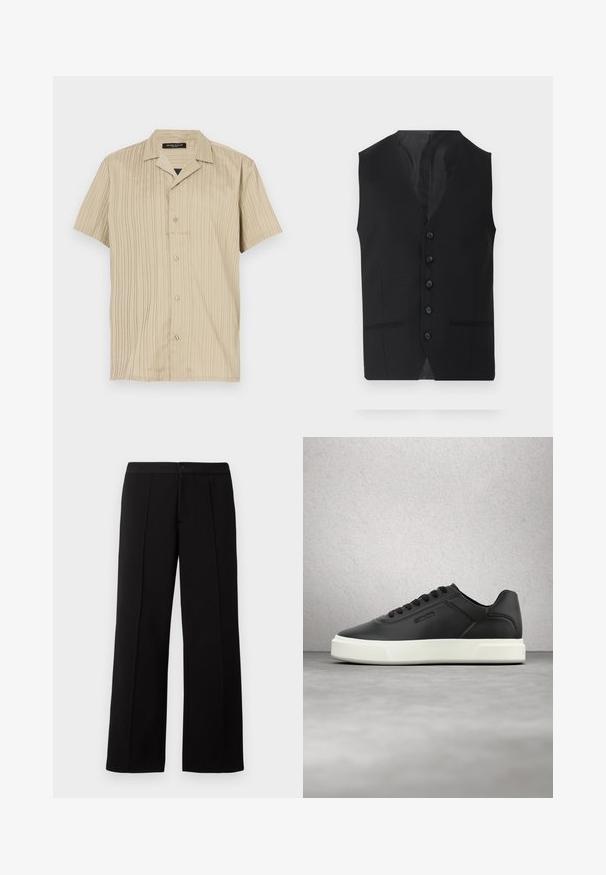 Sort vest med en glat tekstur, der har seks knapper, to sidelommer og en V-udskæring. Uden ærmer og med en ren silhuet.; Kortærmet beige skjorte med lodret ribbet struktur, krave-design, knaplukning og en afslappet pasform.; Lacoste Bukser - black; Sorte lædersneakers med hvid gummisål, rundet tå og flade snørebånd. Teksturdetaljer på siderne, minimalistisk design.