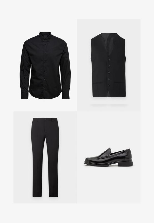 Gilet noir avec une texture lisse, doté de six boutons, de deux poches latérales et d'un design en V. Sans manches et avec une silhouette épurée.; Chemise noire à manches longues avec des boutons, en coton. Elle est dotée d'un col classique, de boutons sur le devant et d'un ourlet droit sans motifs ni embellissements.; Pantalon noir sur mesure avec une coupe droite, doté d'une fermeture à bouton et de passants pour ceinture. Confectionné dans un tissu lisse sans motifs apparents.; Mocassins en cuir noir avec un embout arrondi, présentant un détail cousu sur le dessus, et un petit talon carré. Texture lisse et finition brillante.