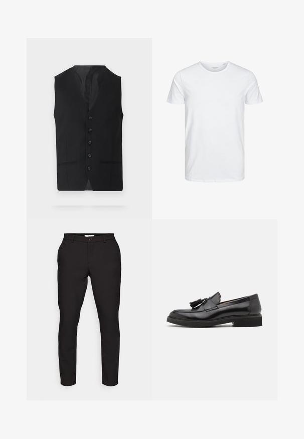 Sort vest med en glat tekstur, der har seks knapper, to sidelommer og en V-udskæring. Uden ærmer og med en ren silhuet.; Rundhals kortærmet t-shirt i ensfarvet hvid, lavet af blød bomuld, har et simpelt design uden synlige mønstre eller detaljer.; Sorte skræddersyede bukser med slim fit. Har lynlås, knaplukning, sidelommer og et glat, let stof.; Sorte læder loafers med frynse detalje, afrundet tå og en tekstureret sål. Har en glat finish og minimalistisk design.