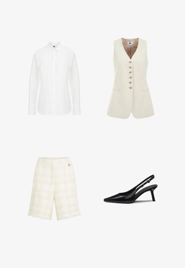 Chaleco sin mangas beige con escote en V, que cuenta con seis botones en el frente y dos bolsillos laterales, hecho de un tejido ligero.; Camisa blanca de manga larga hecha de algodón, con un cuello clásico, botones en la parte delantera y un dobladillo recto con bordes ligeramente redondeados.; Pantalones cortos texturizados blancos con un patrón tejido, con dobladillo deshilachado y un detalle de logo dorado en el lateral.; Tacones de charol negro tipo slingback con punta afilada, tacón delgado y correa ajustable con un adorno circular. Acabado liso y brillante.