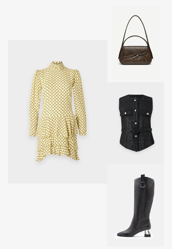 Sort tweedvest med rund hals, lukning med fem guldknapper, to brystlommer og design med bælte i taljen. Tekstureret overflade med glans.; Langærmet gul kjole med peplum-nederdel, der har et diamantmønster i sort og grøn. Høj halsudskæring, struktureret stof og lagdelte volanger.; Sorte læder knæhøje støvler med spids tå og krom blokhæl. Har en rem med en rund hardware accent øverst.; Mørkebrun tekstureret læderhåndtaske med to stropper, afrundet rektangulær form og sølvfarvet cirkulært låsespænde på frontklap.