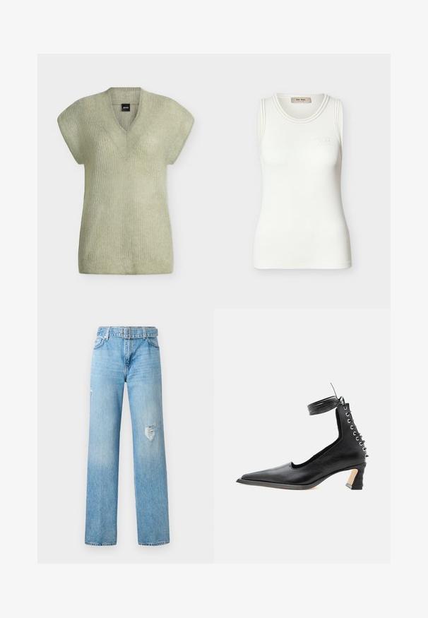 Lichtgroene gebreide mouwloze trui met een V-hals en een geribbelde textuur, gelabeld met "BOSS" aan de binnenkant van de kraag.; Witte geribbelde mouwloze tanktop met ronde halslijn en subtiel "Mos Mosh" logo op de borst.; Lichtblauwe denim jeans met een wijde pijp, voorzien van versleten details op de knieën en een klassiek vijf-pocket ontwerp met riemlussen.; Zwarte leren schoen met lage hak en puntige neus, veters aan de achterkant en een enkelbandje, afgebeeld tegen een effen witte achtergrond.