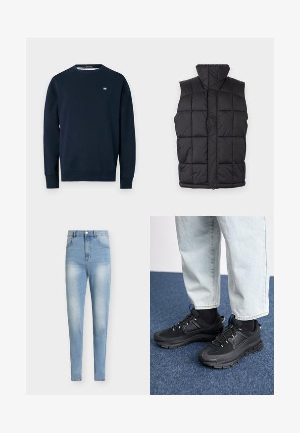 Gilet rembourré noir avec un col haut, texture matelassée et fermeture éclair à l'avant. Sans manches, comportant des lignes cousues horizontalement pour l'isolation.; Sweatshirt bleu marine en tissu doux, avec un col rond, des manches longues et un petit patch de marque sur la poitrine. Texture lisse.; Jeans taille haute bleu clair en tissu denim. Coupe slim avec détails délavés, cinq poches et une fermeture par bouton métallique.; Des chaussures de sport noires avec un tissu texturé et des semelles en caoutchouc, dotées de lacets élastiques et d'un accent bleu au talon. Portées avec un pantalon en denim clair.