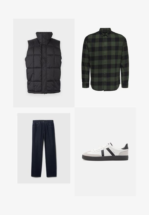 Zwarte puffer vest met een hoge kraag, gewatteerde textuur en een rits aan de voorkant. Heeft geen mouwen en beschikt over horizontaal gestikte lijnen voor isolatie.; Groen-zwart geruit overhemd met lange mouwen, knopen aan de voorkant, klassieke kraag en knoopsluitingen aan de manchetten, getoond op een witte achtergrond.; Donkerblauwe rechte spijkerbroek met vijf zakken, knoopsluiting en zichtbare stiksels op een effen lichte achtergrond.; Witte sneaker met zwarte en grijze accenten, voorzien van een grijze neus met textuur, zwarte rubberen zool en platte witte veters. Schoon ontwerp, minimalistische stijl.