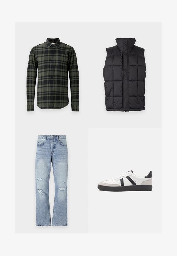 Zwarte puffer vest met een hoge kraag, gewatteerde textuur en een rits aan de voorkant. Heeft geen mouwen en beschikt over horizontaal gestikte lijnen voor isolatie.; Langoe mouw shirt in donker groen en zwart geruit patroon, gemaakt van flanel. Heeft een klassieke kraag en zwarte knopen.; Lichtblauwe denim jeans met een rechte pasvorm, voorzien van versleten scheuren op de knieën en een klassieke vijfzakkenstijl.; Witte sneaker met zwarte en grijze accenten, voorzien van een grijze neus met textuur, zwarte rubberen zool en platte witte veters. Schoon ontwerp, minimalistische stijl.